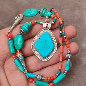 Tibetan Turquoise Coral Necklace: Sterling Silver Tribal Jewelry
