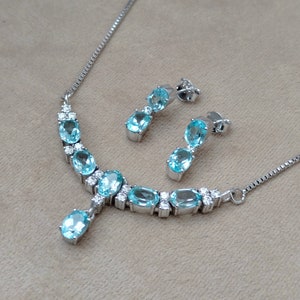 Blue Topaz Silver Necklace Set, Natural Faceted Blue Topaz Necklace & Earrings, 92.5 Sterling Silver Jewellery Set