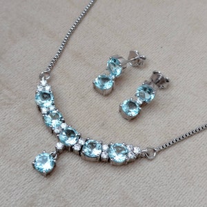 Blue Topaz Silver Necklace Set, Natural Faceted Blue Topaz Necklace & Earrings, 92.5 Sterling Silver Jewellery Set