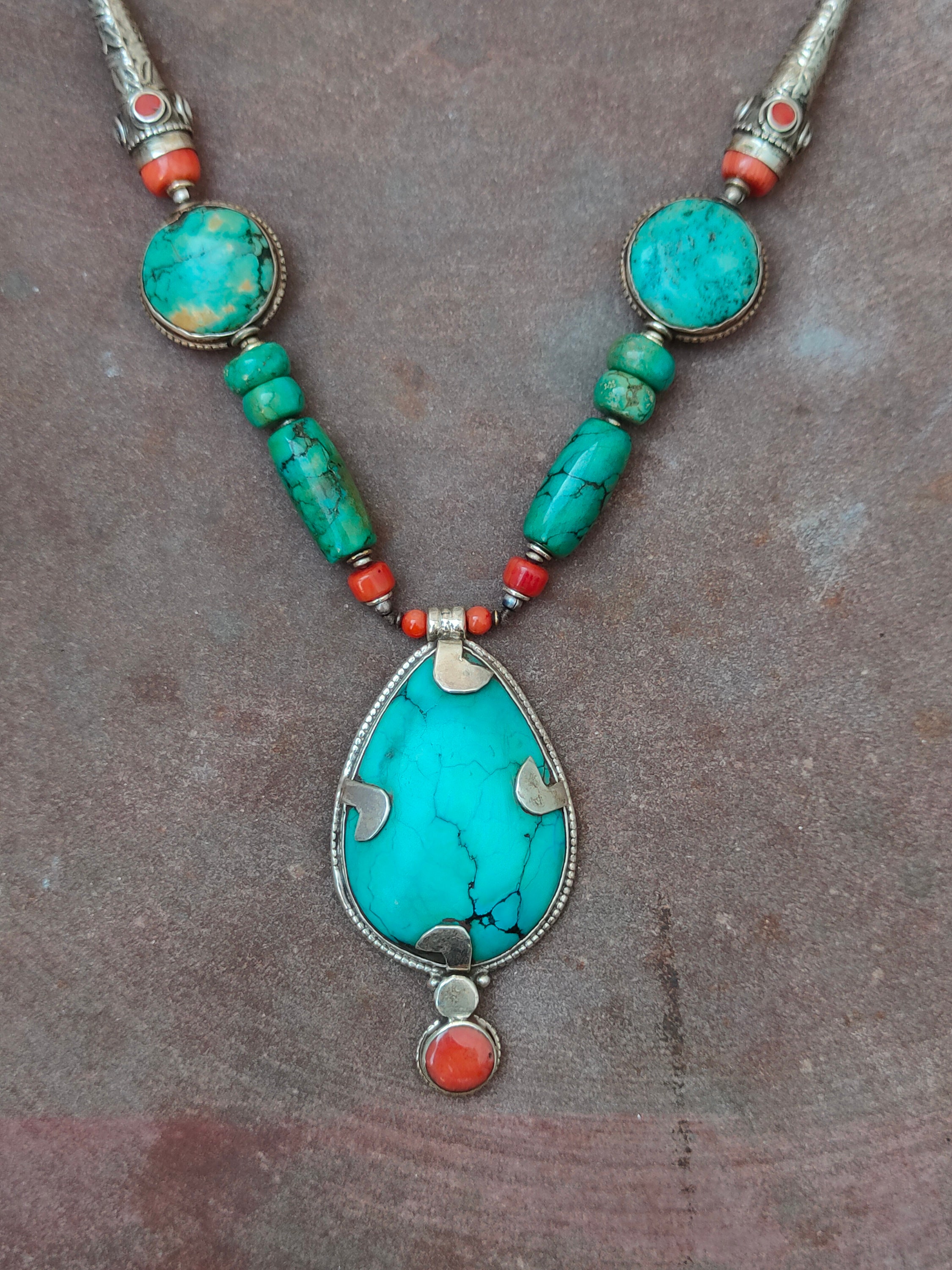 Old Tibetan Necklace, Natural Turquoise & Coral Necklace