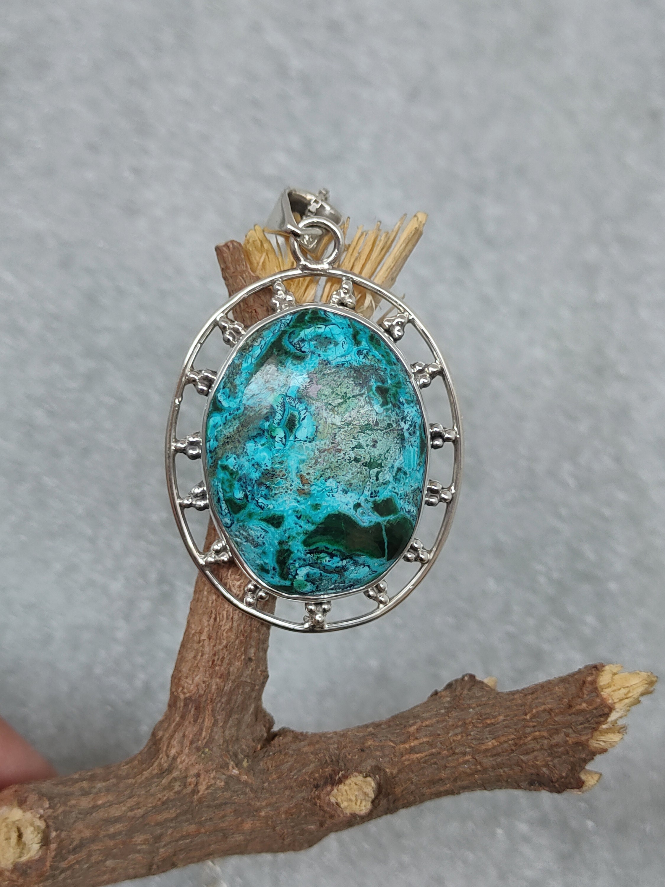 Collier Ancien En Argent 925 Avec Cabochon D'Azurite Naturelle - Bijou Vintage