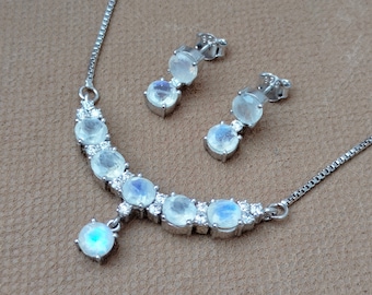 Rainbow Moonstone Necklace Earring Set: Sterling Silver Jewelry