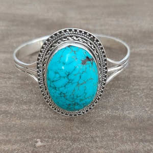 Tribal Turquoise Bangle, Natural Cabochon Turquoise Bangle, 92.5 Sterling Silver, 92.5 Sterling Silver Bangle, Large Turquoise Silver Bangle