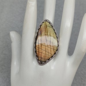Large Natural Labradorite Ring, 92.5 Sterling Silver, Yellow Flash Labradorite, Statement Ring, Gemstone Size- 42 x 22 MM, Gift For Her
