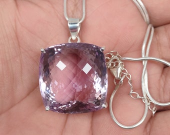 Certified 113.80 Carats, Very Large Natural Pink Amethyst Pendant, Amethyst Size- 28 x 26 MM, 92.5 Sterling Silver Necklace