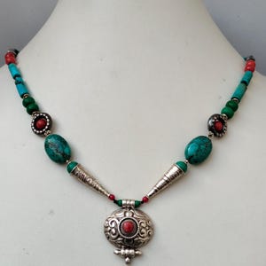 Tribal Tibetan Necklace, Natural Turquoise & Coral Necklace, 92.5 Sterling Silver