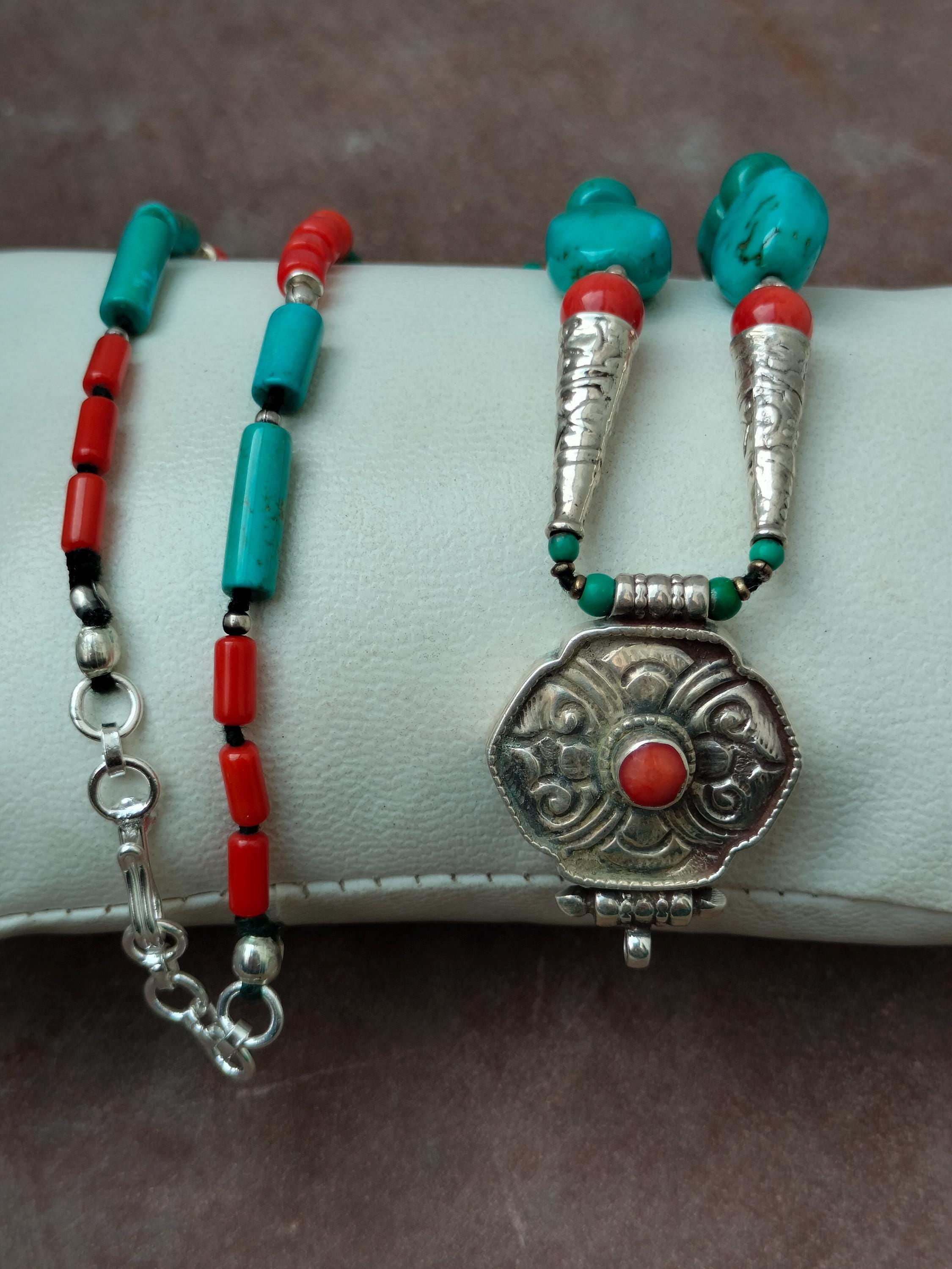 Old Tibetan Necklace, Natural Turquoise & Coral Necklace