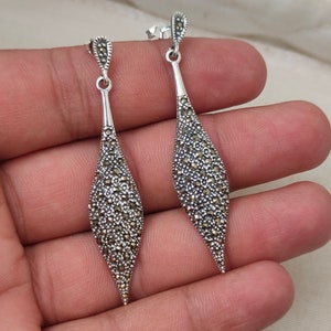 Drop Dangle Earrings Natural Marcasite Earrings 92.5 Sterling Silver Handmade Vintage Earrings