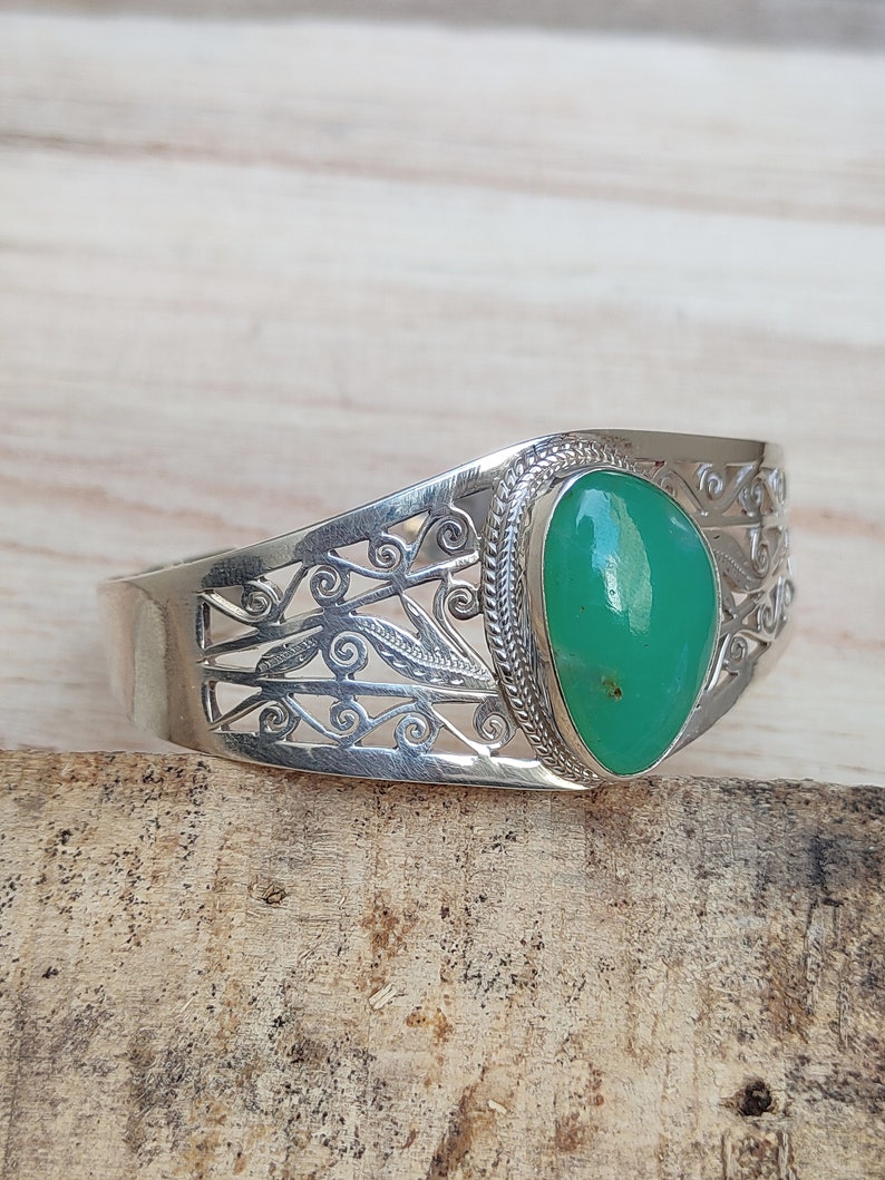 Tribal Silver Bangle Handmade Natural chrysoprase Filigree Silver Bangle Natural Chrysoprase Bangle In Solid 92.5 Sterling Silver