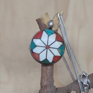 Vintage Silver Pendant, Inlay Stone Work Pendant, Coral & Turquoise Pendant, 92.5 Sterling Silver Pendant With Chain Necklace