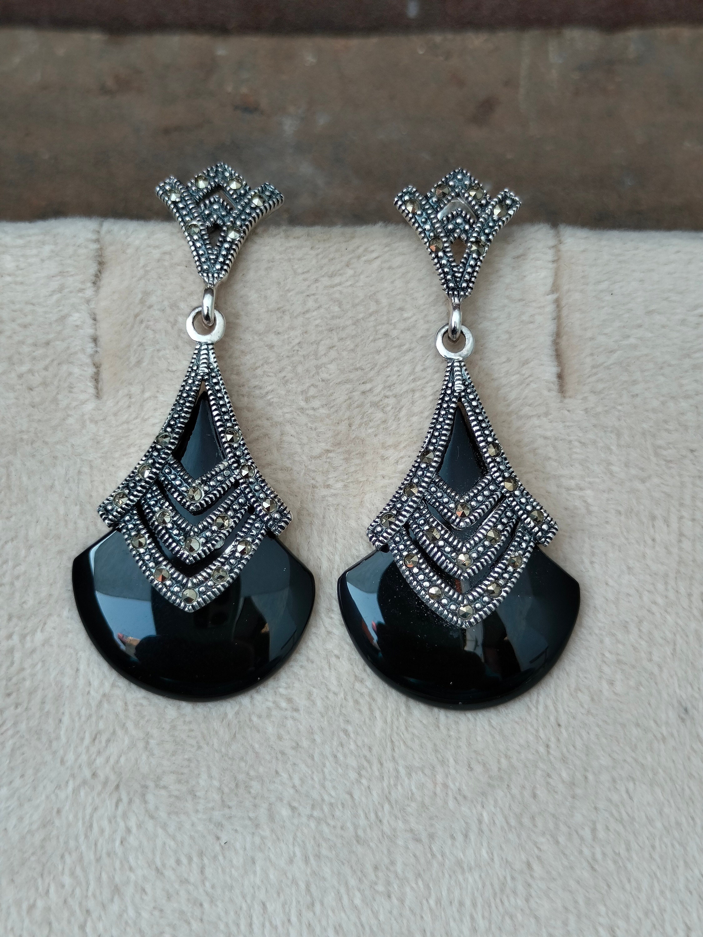 Boucles D'oreilles Argent 925 - Marcassite & Onyx - Forme Ronde - Neuf Avec étiquettes