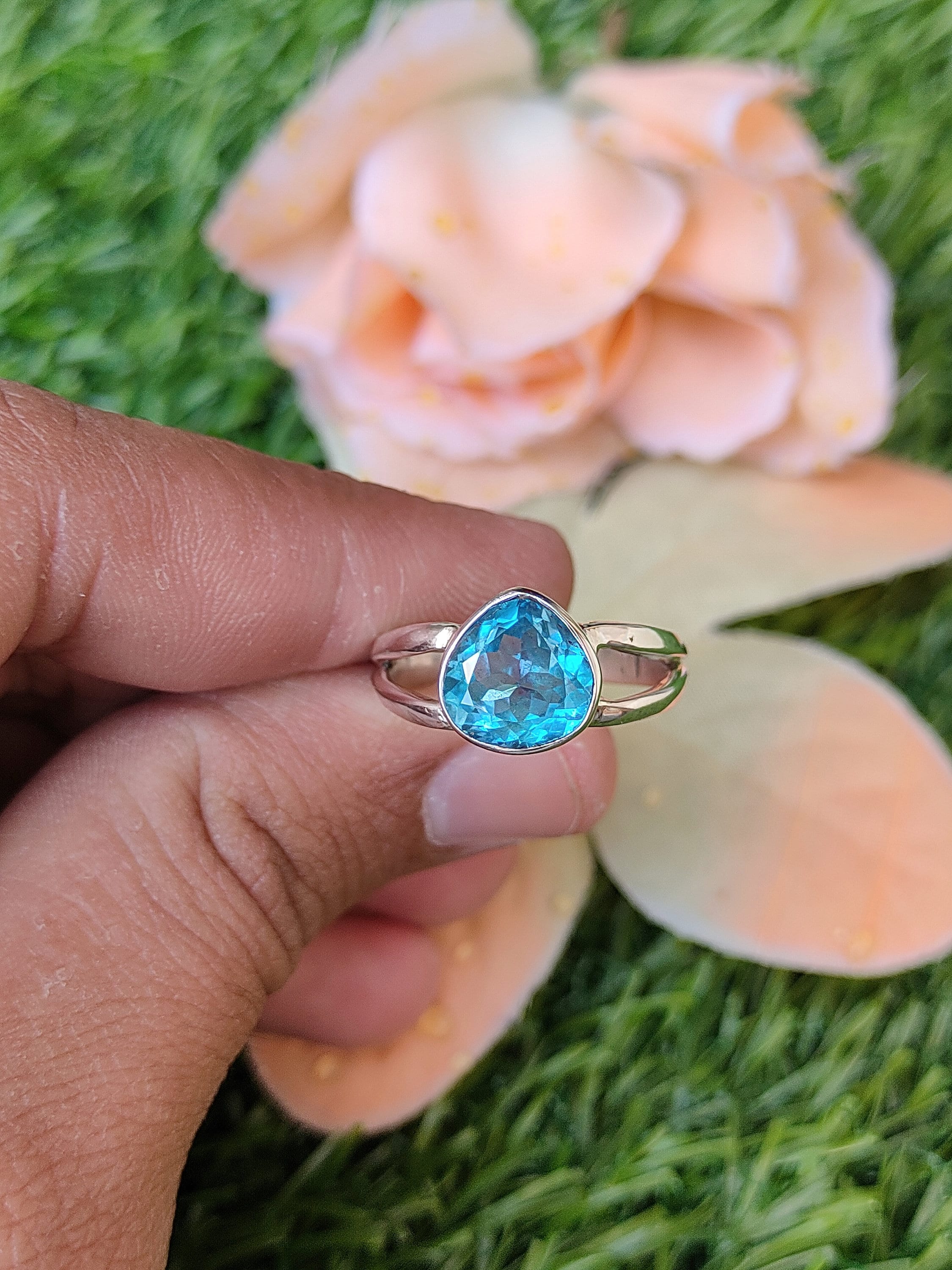 Anello Artigianale In Argento Placcato Con Grande Topazio Fuoco (morganite) E Topazio Secondario - Taglie 7, 8, 9