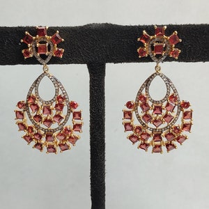 Antique Victorian Natural Garnet Earrings Tiny Raw Uncut Natural Diamond, 92.5 Sterling Silver Earring,
