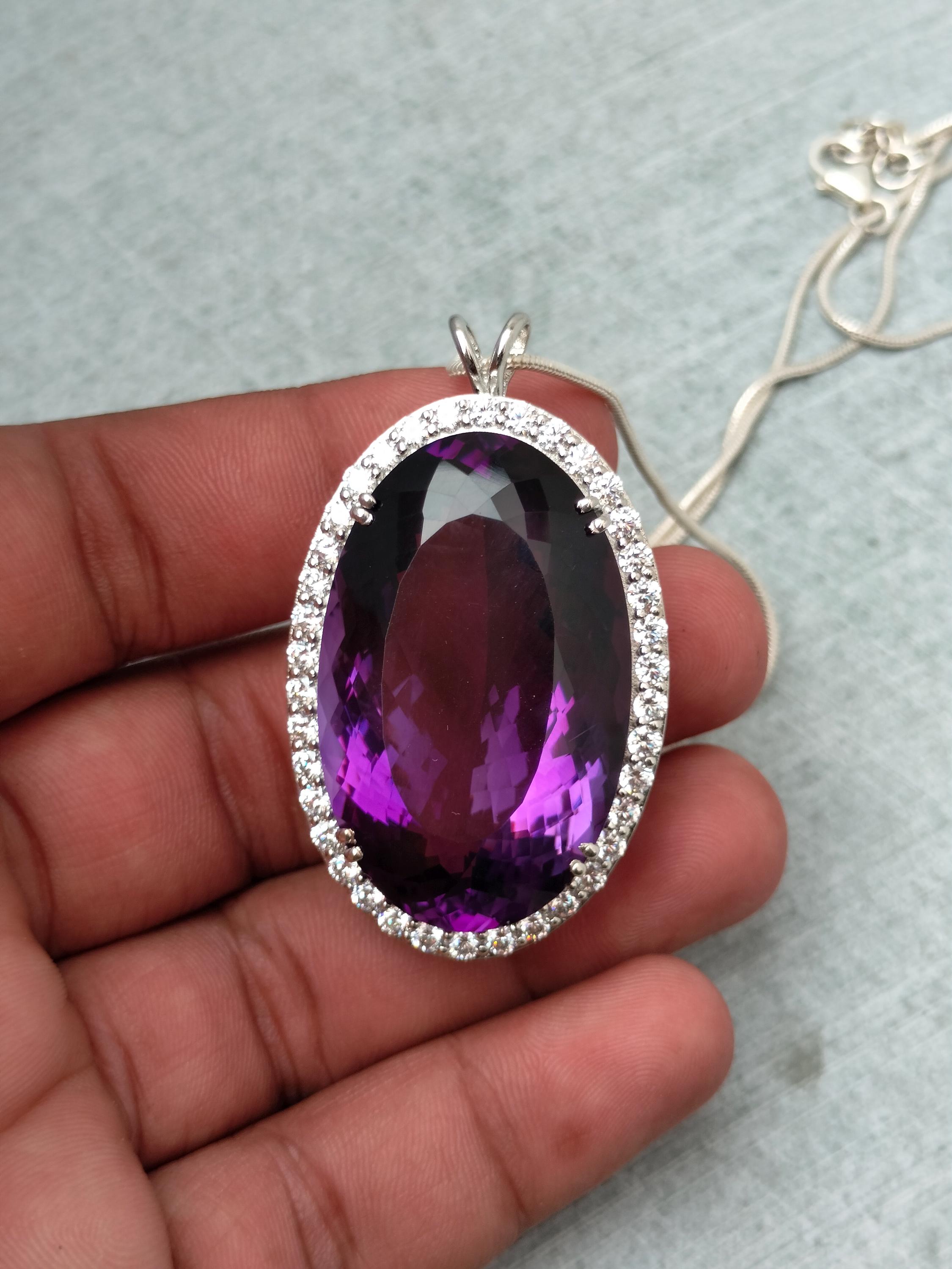 Certified Very Huge 72.10 Carat Amethyst Necklace, AAA Quality Natural Amethyst And Zircon Silver Pendant, 92.5 Sterling Silver Pendant.