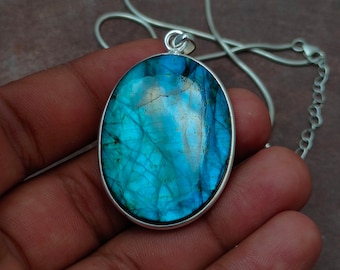 Großer Labradorit Anhänger: 925 Sterling Silber, Blue Flash