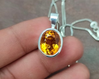 Certified 7.70 Carat Citrine Silver Necklace, AAA Quality Natural Citrine Pendant, 92.5 Sterling Silver, Minimalist Citrine Chain Necklace.