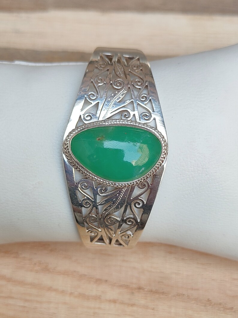 Tribal Silver Bangle Handmade Natural chrysoprase Filigree Silver Bangle Natural Chrysoprase Bangle In Solid 92.5 Sterling Silver