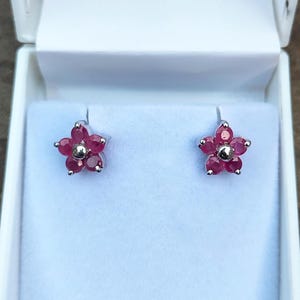 May include: A pair of flower-shaped stud earrings. Each earring features five small, round, deep red gemstones arranged around a central silver-colored bead. The earrings are set in silver and displayed in a white jewelry box.