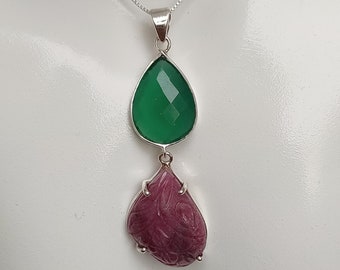 Handmade Sterling Silver Pendant: Carved Ruby & Green Onyx