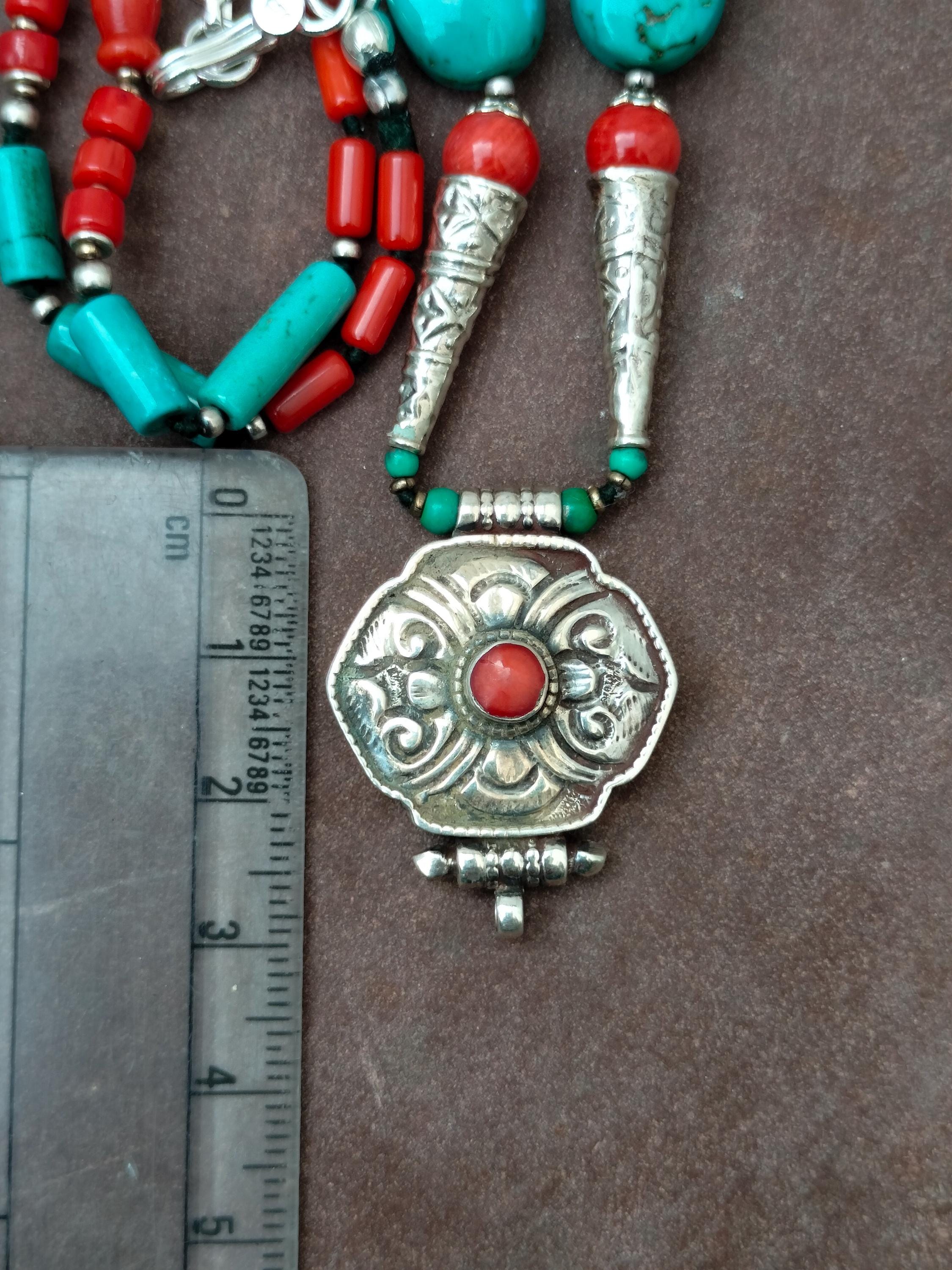 Old Tibetan Necklace, Natural Turquoise & Coral Necklace