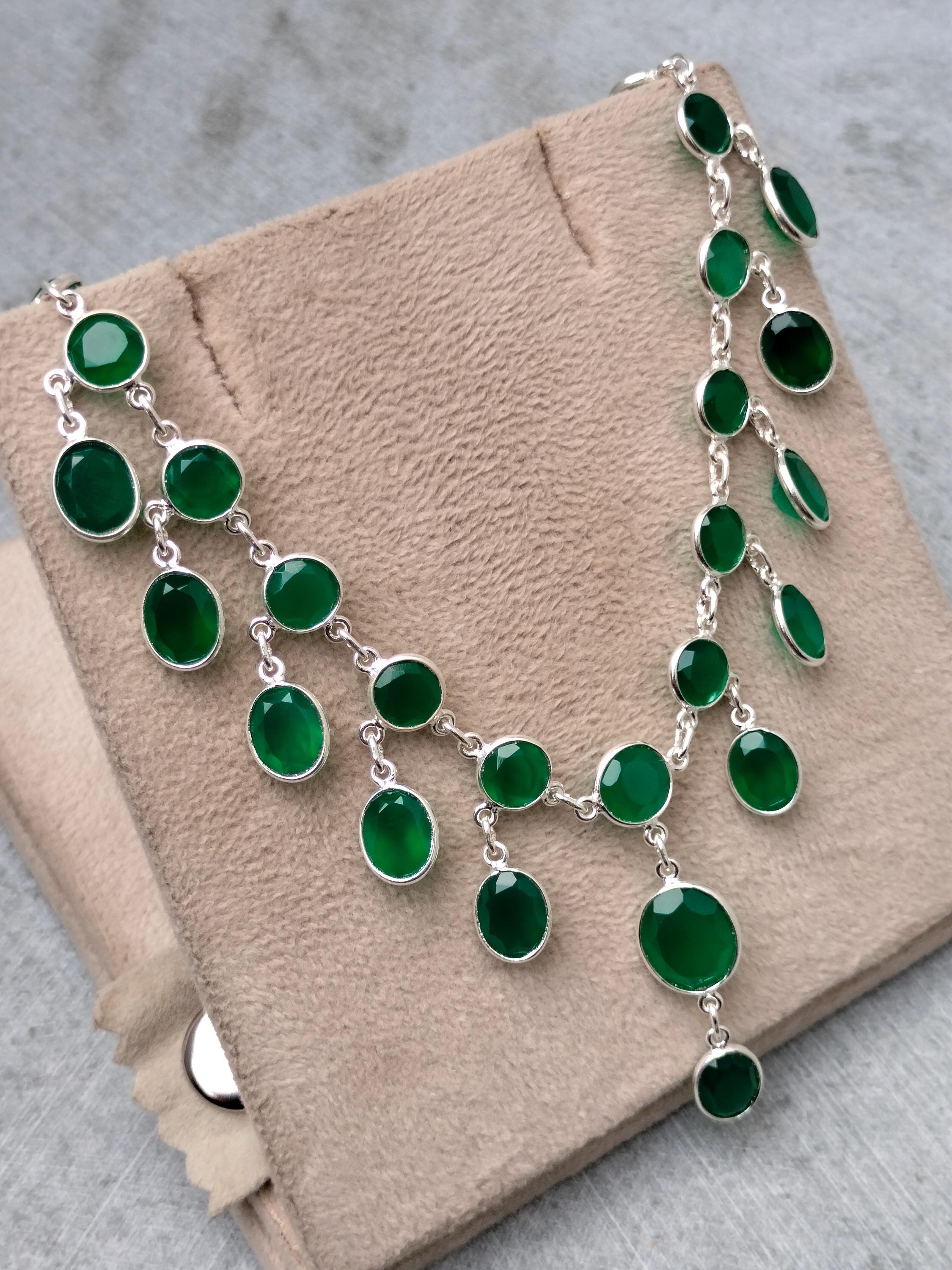 グリーンオニキス スターリングシルバーネックレス：ハンドメイドの