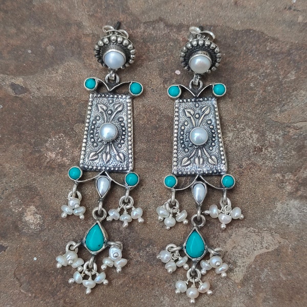 Large Dangle Earrings, Indian Ethnic Earrings, Pearl And Turquoise Vintage Earrings, 92.5 Sterling Silver Earrings, Antique Silver Earrings