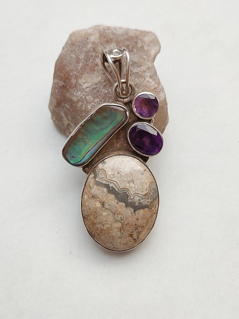 925 Sterling Silver Pendant Natural Obsidian Jasper , Natural Mother Of Peal Natural Amethyst