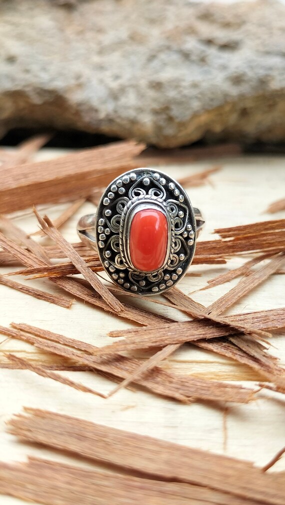 Tibetan Coral Ring: Handmade 925 Sterling Silver, Oval Cabochon - Etsy