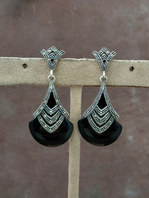 Boucles D'oreilles Pendantes Argent 925 – Perle Onyx Noir Et Marcassites – Occasion Comme Neuf