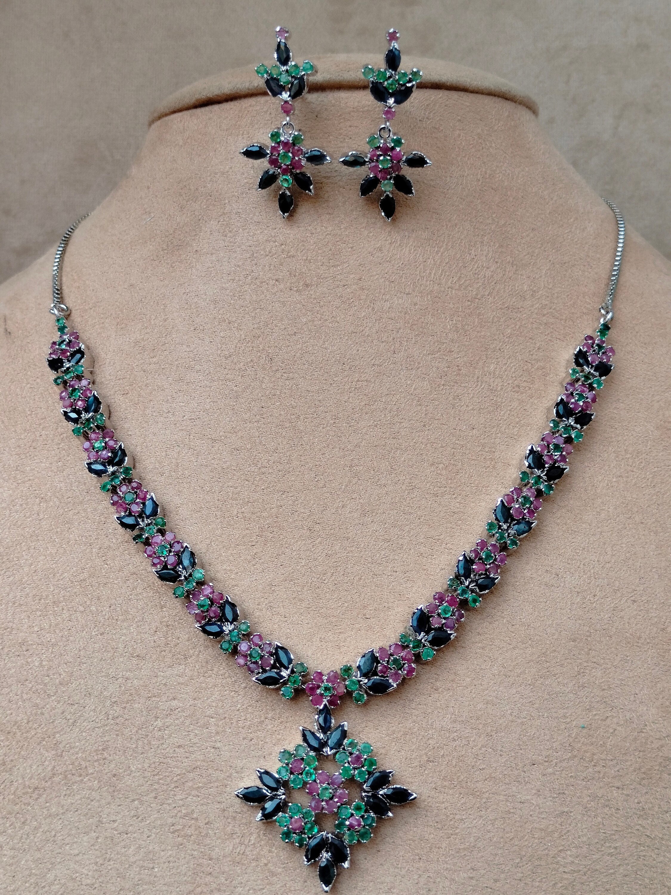 Natural Ruby Sapphire Emerald Necklace Set 92.5 Sterling Natural Ruby Sapphire Emerald Necklace Set 92.5 Sterling