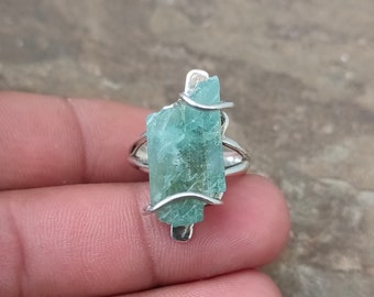 Bague aigue-marine brute en argent sterling faite main : pierre précieuse brute