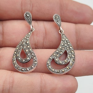 Drop Dangle Earrings Natural Marcasite Earrings 92.5 Sterling Silver Handmade Vintage Earrings