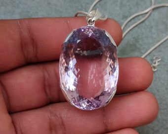 Certified Very Large 88.70 Carat Amethyst, Natural Pink Amethyst Pendant, 92.5 Sterling Silver Pendant, Amethyst Size 34 x 24 MM