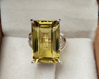 Handmade Emerald Cut Lemon Quartz Ring: 925 Sterling Silver