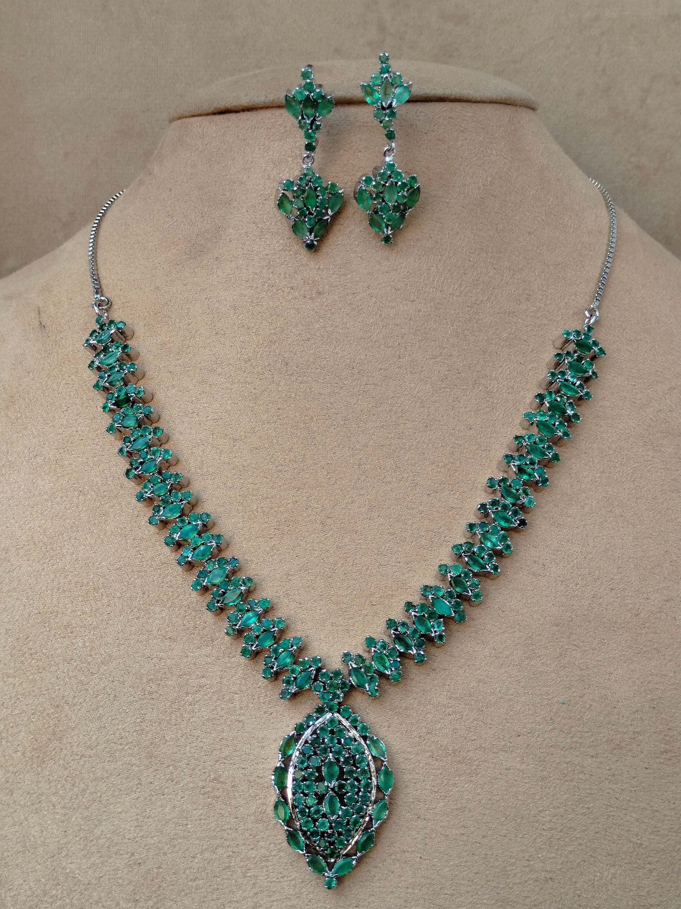 Certified Genuine Emerald Necklace Set, Natural Emerald Necklace & Earrings, 92.5 Sterling Silver Necklace Set, Handmade Emerald Jewellery