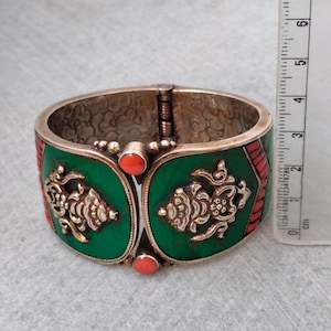 Old  Natural Tibetan Turquoise & Coral Solid Silver Bangle.