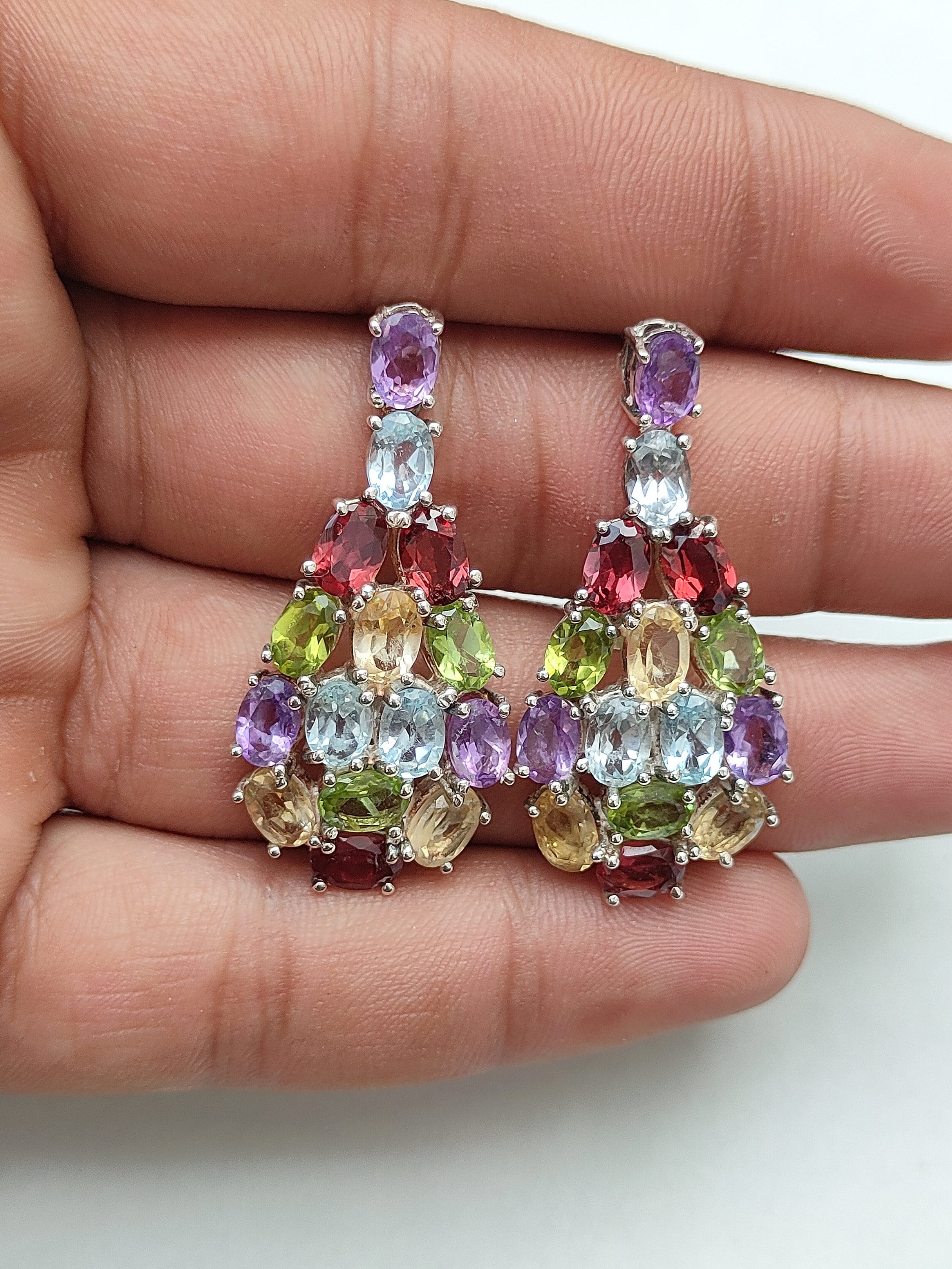 Multi Gemstone Earring 92.5 Sterling Silver Handmade Etsy