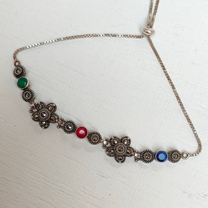 Bracciale multi pietra preziosa Bracciale con pietra preziosa di marcasite, Bracciale con pietra multicolore Bracciale regolabile in argento sterling 92,5 massiccio