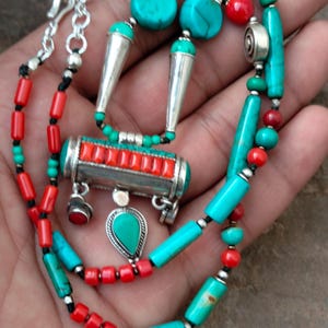Tibetan Necklace, Natural Turquoise & Coral Necklace Solid 92.5 Sterling Silver Necklace,