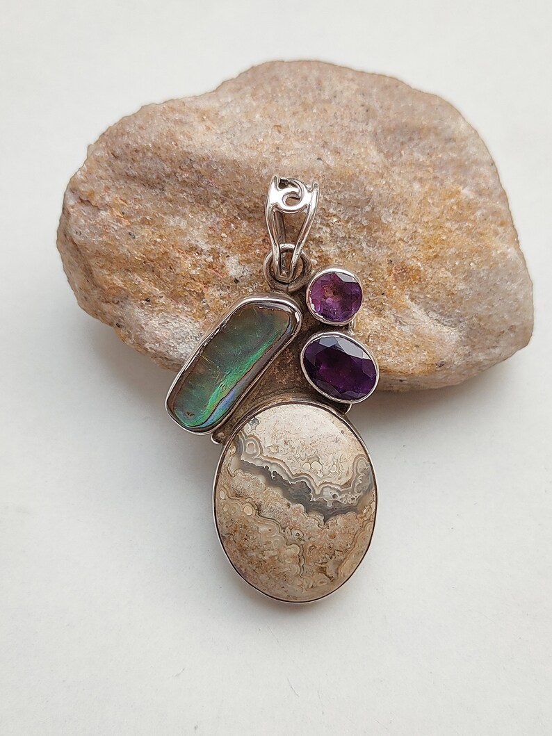 925 Sterling Silver Pendant Natural Obsidian Jasper , Natural Mother Of Peal Natural Amethyst