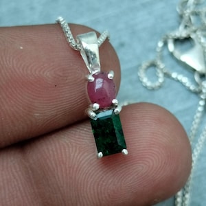 Vintage Natural Ruby Emerald Pendant, 92.5 Sterling Silver, Gemstone Necklace.