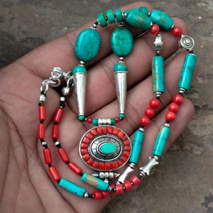 Tribal Turquoise Coral Necklace: Handmade 925 Sterling Silver