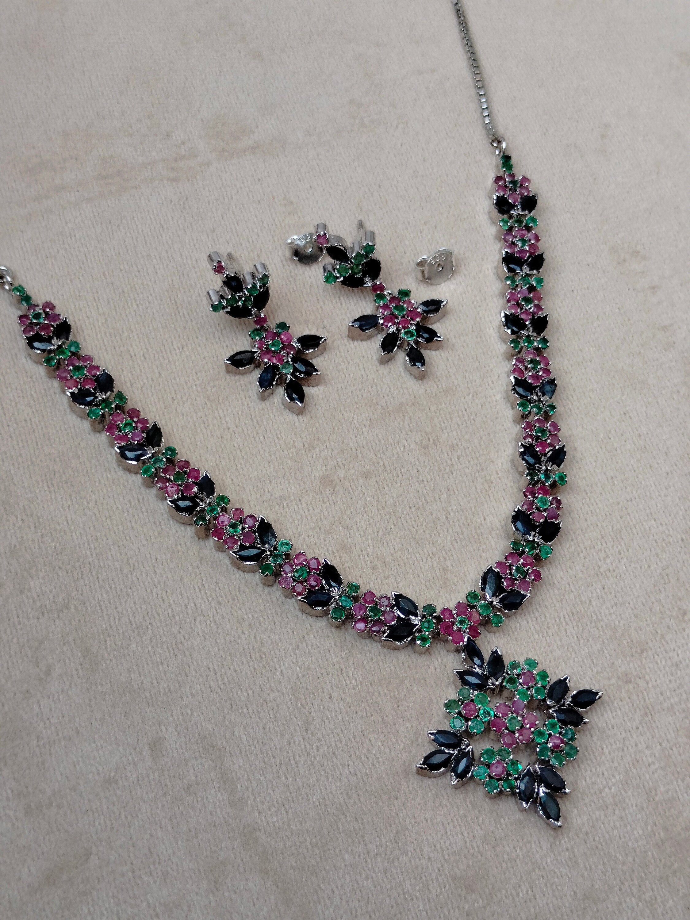 Natural Ruby Sapphire Emerald Necklace Set 92.5 Sterling Natural Ruby Sapphire Emerald Necklace Set 92.5 Sterling