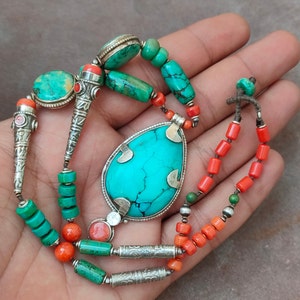 Tibetan Turquoise Coral Necklace: Sterling Silver Tribal Jewelry
