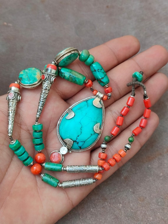 【a-70】 Old new Tibetan style necklace Old Tibetan Necklace, Natural Turquoise & Coral Necklace