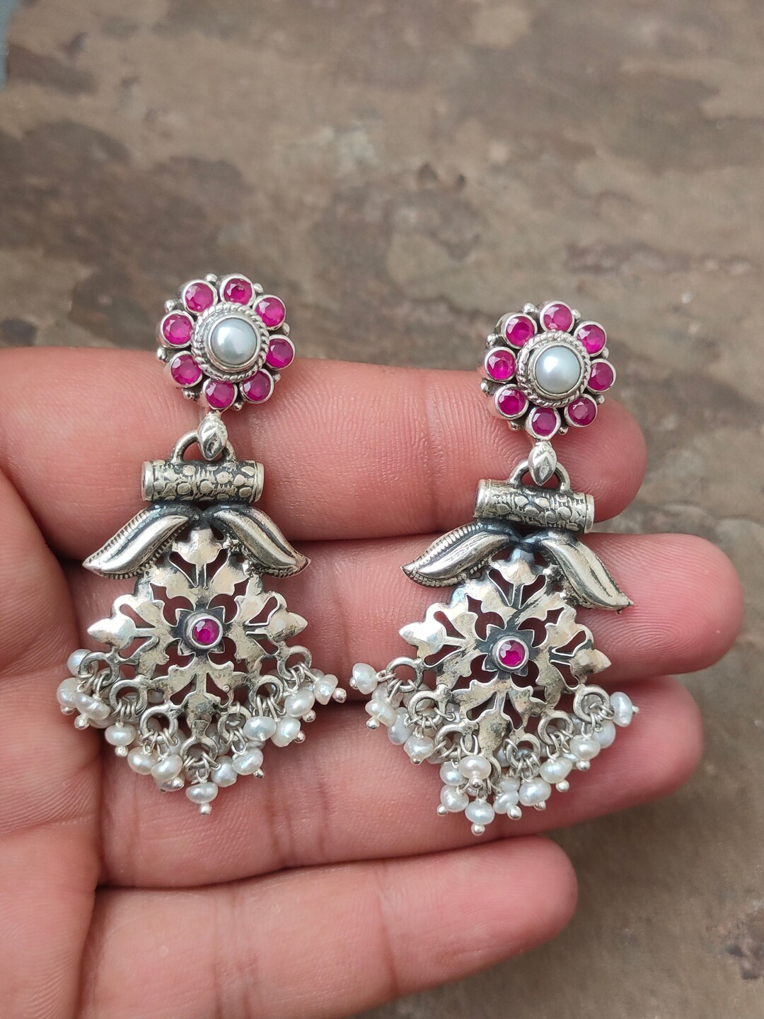 Flower Design Earrings, Multi Gemstone Earrings in Solid 92.5 Sterling