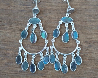 Natural Labradorite Earrings, 92.5 Sterling Silver Earrings, Long Labradorite Earrings, Blue Flash Earrings