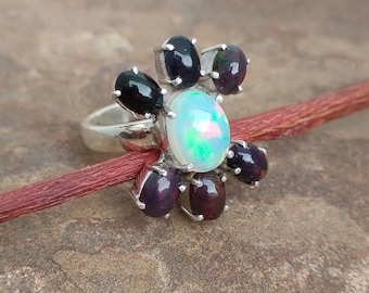 Cabochon Fire Opal Ring: Natural Black & White Opal, Sterling Silver