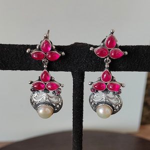 Indian Vintage Earrings 92.5 Sterling Silver Tribal Ruby Earrings Pearl Earrings