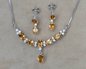 Faceted Citrine Necklace Set: 925 Sterling Silver Earrings